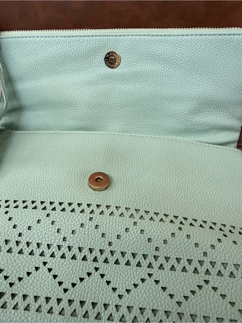 Mint Green Women's Laser-Cut Leather Clutch with gold chain